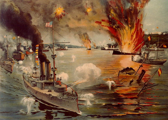 This artwork is a lithograph that depicts the battle between Spanish and U.S. battleships in Manila Bay in the Philippines.