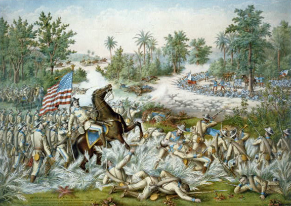 This is a portrait of the Battle of Quingua that took place in the Philippine islands on April 23, 1899. In this battle scene, the American troops are in the foreground and they are advancing on Filipino troops.