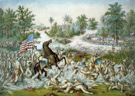 This is a portrait of the Battle of Quingua that took place in the Philippine islands on April 23, 1899. In this battle scene, the American troops are in the foreground and they are advancing on Filipino troops.