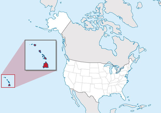 Image of a map of the United States that shows Alaska and Hawaii; Hawaii is displayed in an inset map.