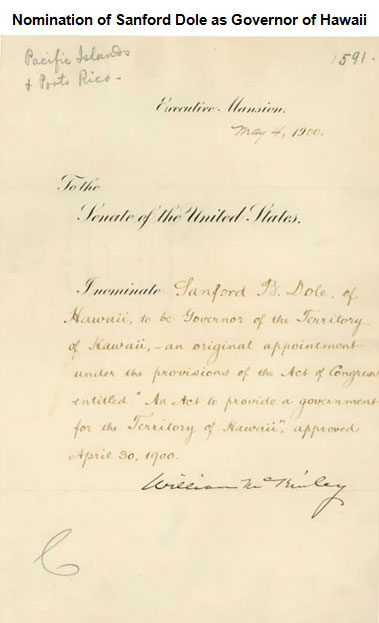 Image of the nominating Sanford Dole as the governor of Hawaii
