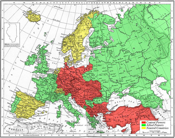 map of Europe during World War I; the map is code by Central Powers; Allied Powers; Neutral Countries.