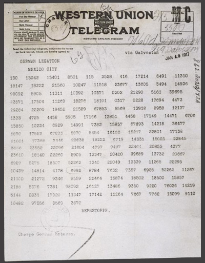 Image of a Western Union Telegram with a series of numeric codes.