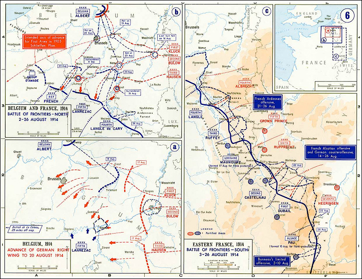 Image of four maps that depict the Battle of Frontiers from various fronts.