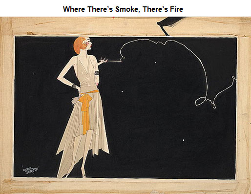 Image of a flapper with a cigarette in her hand; the smoke is trailing in a long line