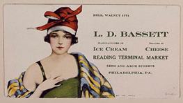 Image of the 1920’s advertisement for an ice cream, stand. The flier features the image of a flapper girl