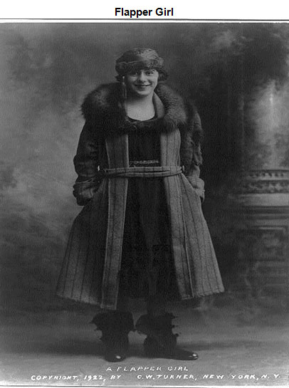 Image of a flapper girl standing, dressed in flapper coat