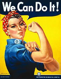 Image of a woman wearing a head scarf and flexing her muscle. The caption above reads, 'We Can Do It!'