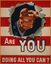 Poster that reads, âAre you doing all you can? The background is the stripes from the American flag; a pointing finger is broken through the poster.