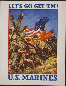 Poster of a group of Marines prepared for battle; a U.S. flag is in the background