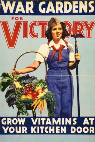 Image of a woman holding a garden hoe and a basket of vegetables.