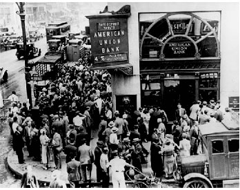A photograph of the exterior of American Union Bank with a large crowd of people outside trying to get in and withdraw their savings