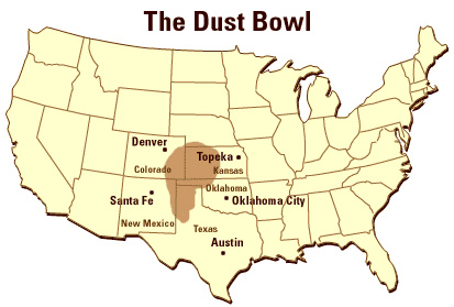 Image of a map of the United States; labeled are the following states and their capitals: Texas, New Mexico, Oklahoma, Kansas, and Colorado. The area where the Dust Bowl occurred is shaded and it touches parts of the labeled states.