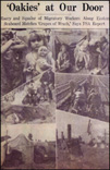Image of newspaper page titled: Oakies at Our Door. There are photos of the migrant workers in the field; children and families in the camp; and pictures of the camps.