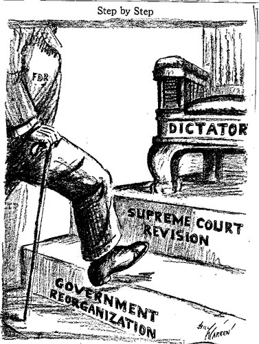 Cartoon titled Step by Step, which illustrates an image of a man with a cane walking up steps labeled, Government Reorganization and Supreme Court Revision. The man is walking towards the chair at the top labeled Dictator