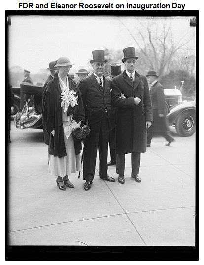Image of Eleanor and Franklin Roosevelt accompanied by an unknown male, dressed formally