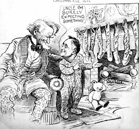 Image of a cartoon called Christmas Eve, 1933. FDR is portrayed as a toddler and Uncle Sam is an older father figure. There are stockings hung by the fireplace with the alphabet agencies listed. FDR says: “Uncle, I’m surely expecting something