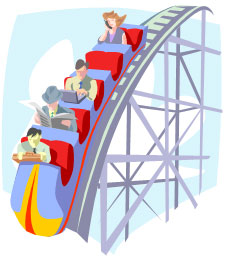 A graphic of a roller coaster going downhill with businessmen and women in the seats.