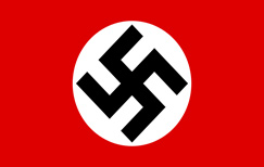 A Nazi flag: It is a field of red with a circular white center that has a black swastika imposed on it.
