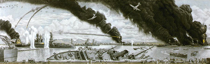 Image of a drawing of a panoramic scene of the attack on pearl harbor.
