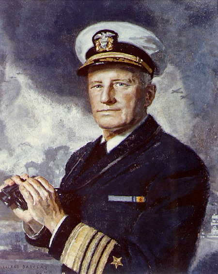 Image of a portrait of Admiral Chester W. Nimitz. He is dressed in his military uniform and hat.