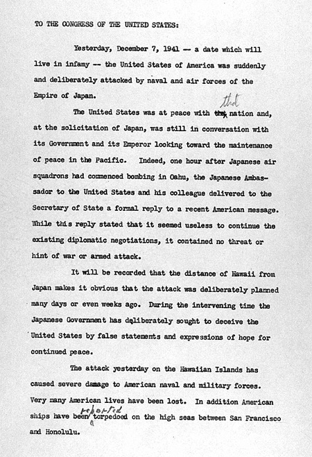 Image of the text of Franklin Roosevelt's Date of Infamy speech.