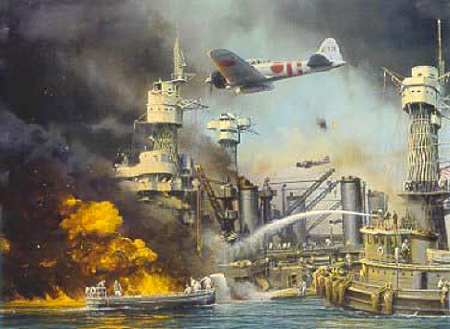 Artwork depiction of the bombing of Pearl Harbor; a Japanese airplanes fly over American ships that are burning while an American ship is spraying water on them.
