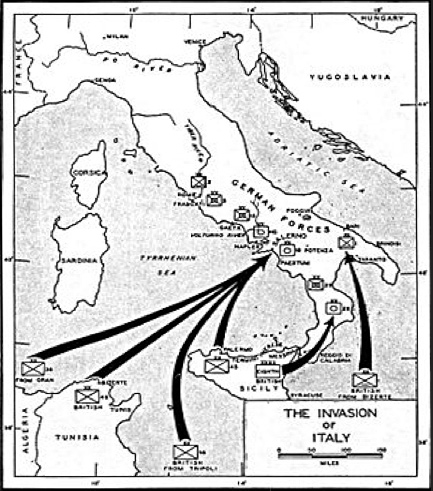 Image of an old map of Italy, titled: 'Invasion of Italy'; The North African countries seen are Algeria and Tunisia. There are arrows depicting an invasion of Italy from Sicily, Algeria and Tunisia.