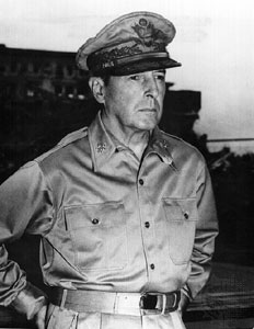 A photograph of General Douglass MacArthur. He is man in late middle age wearing a United States Army uniform.
