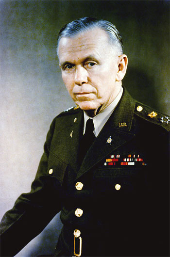 A photograph/portrait of General George C. Marshall. He is man in late middle age wearing a United States Army uniform.
