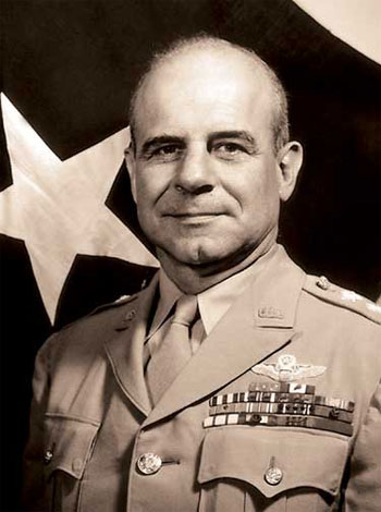 A photograph/portrait of General James Doolittle. He is man in late middle age wearing a United States Air Force uniform.