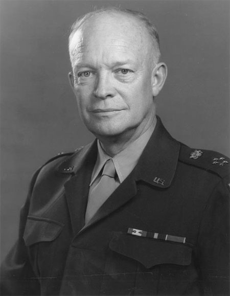 A photograph/portrait of General Dwight D. Eisenhower. He is man in late middle age wearing a United States Army uniform.