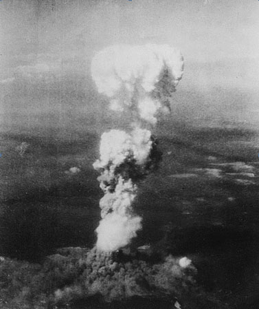 A photograph of the mushroom cloud created by the detonation of the atomic bomb over Hiroshima, Japan.
