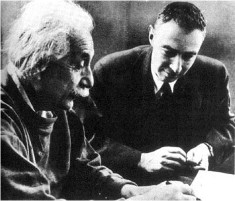 A photograph of scientists Albert Einstein and Robert Oppenheimer having a discussion