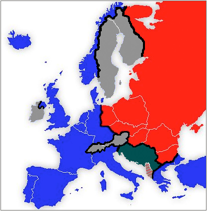 Map of Europe. Soviet controlled countries are labeled red and are in the Eastern part of Europe. These are also countries of the Warsaw Pact.  NATO countries which are located, mainly (including Turkey & Greece) in the Western part of Europe are in blue. Gray countries are neutral.