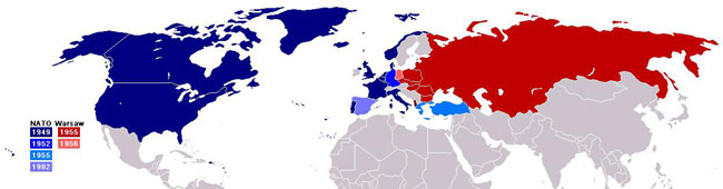 A special purpose map showing which nations were part of NATO and which ones were Warsaw Pact.