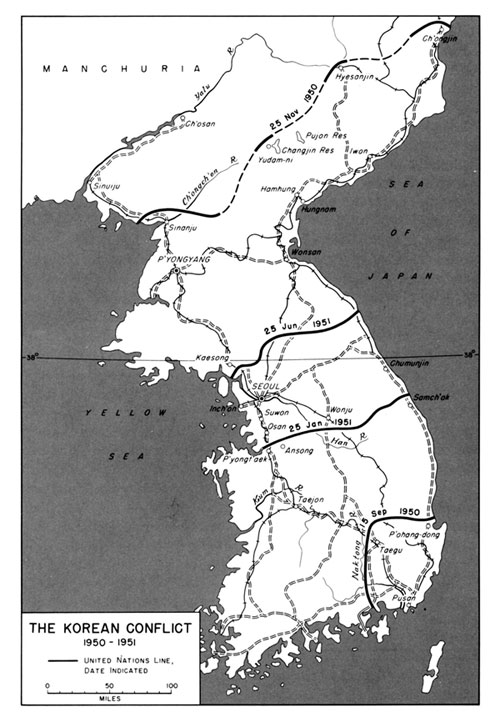 Image of a map of the Korean Conflict form 1950-1951. This is a map from the time period because China is labeled at Manchuria.