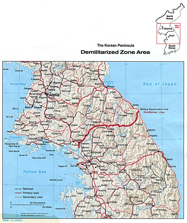 Political Map of The Korean Peninsula, highlighting the Demilitarized Zone. A smaller outline map is located at the top right of the major map.