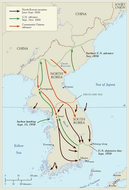 Map of the Chinese invasion of South Korea. The map key also includes North Korean invasion and the U.S. offensive.