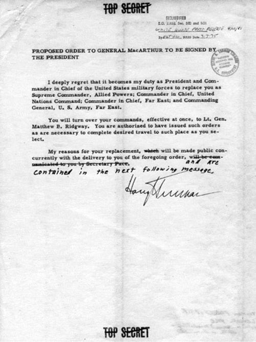 Image of official document from President Truman informing General MacArthur that he plans to replace him in his position as commander of the United Nations forces in the Korean War.