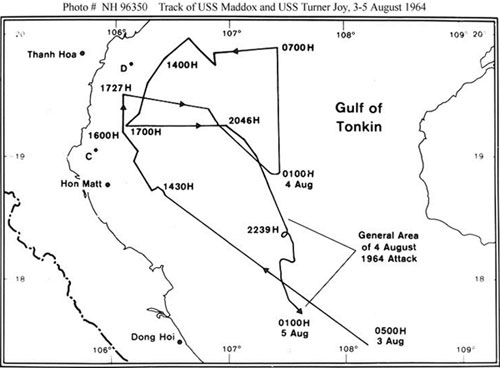 Map of the Gulf of Tonkin. There are lines indicating the travel of US ships during the Gulf of Tonkin incident.