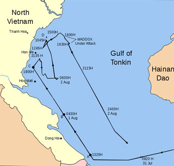 Outline map of the Gulf of Tonkin. There are lines indicating the travel of US ships during the Gulf of Tonkin incident.