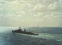 Image of a portrait of the depiction of the engagement between the battleship USS Maddox (most prominently positioned) and three North Vietnamese motor torpedo boats (shown in the horizon) in the Gulf of Tonkin.