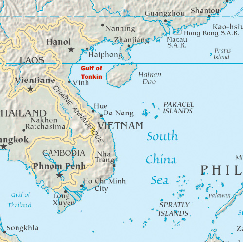 A detailed political map of southeast Asia showing the exact location of the Gulf of Tonkin incident near the capitol of the north, Hanoi and the major port of Haiphong
