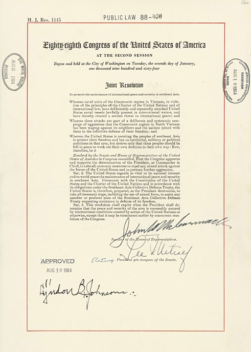Image of the actual document: Joint Resolution Authorizing the Vietnam War signed and file stamped.