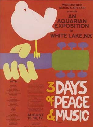 A poster advertising the music festival at Woodstock New York. It depicts a dove sitting on the neck of a guitar surrounded by the words '3 days of peace and music'