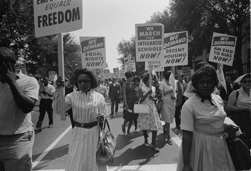 Image of men and women protestors set in the 1960s
