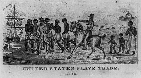 Drawing of slaves (men and children) chained together and a buyer on a horse pointing at them, located on a pier