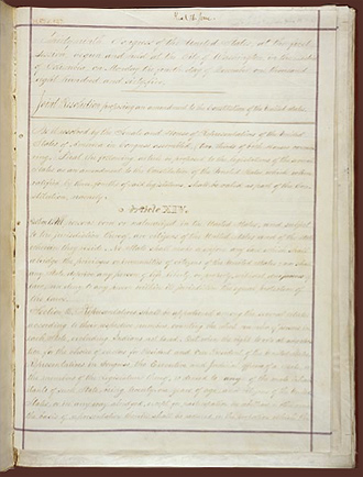 Image of a page from the constitution that displays the 14th Amendment that is handwritten
