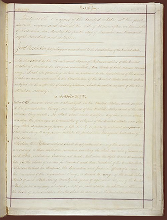 Image of a page from the constitution that displays the 14th Amendment that is handwritten